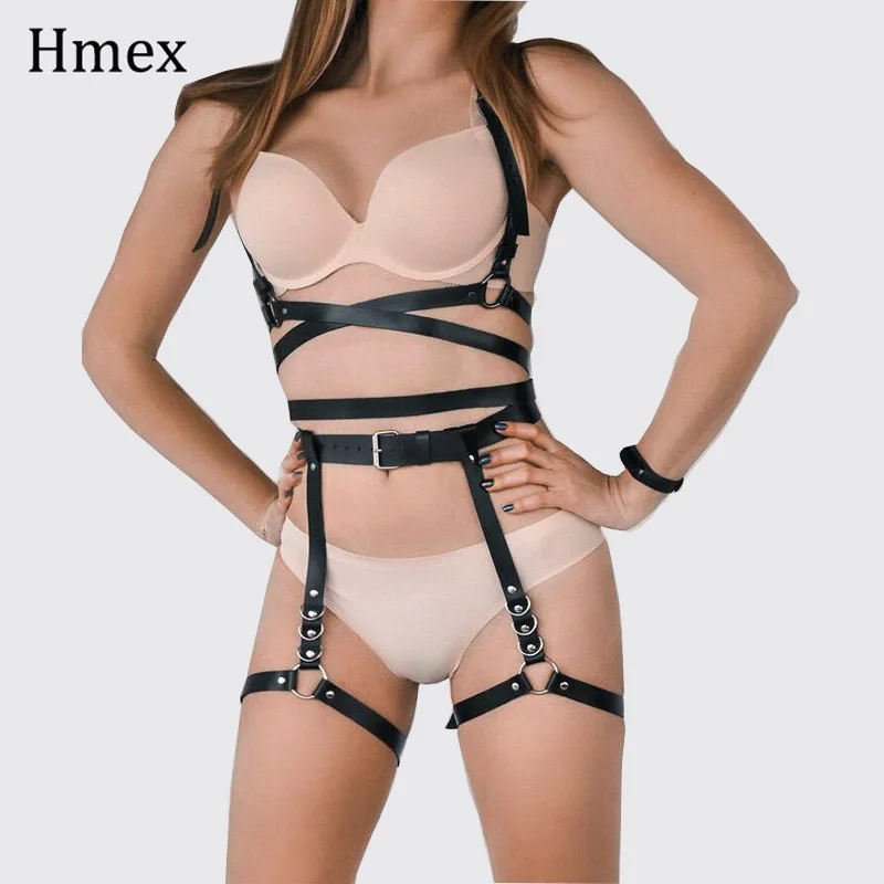 

2Pcs/Set Punk Leather Harness Garters Belts Sexy Women Waist To Leg Bondage Black Cage Straps Bra Body Chest Belts Harajuku Belt