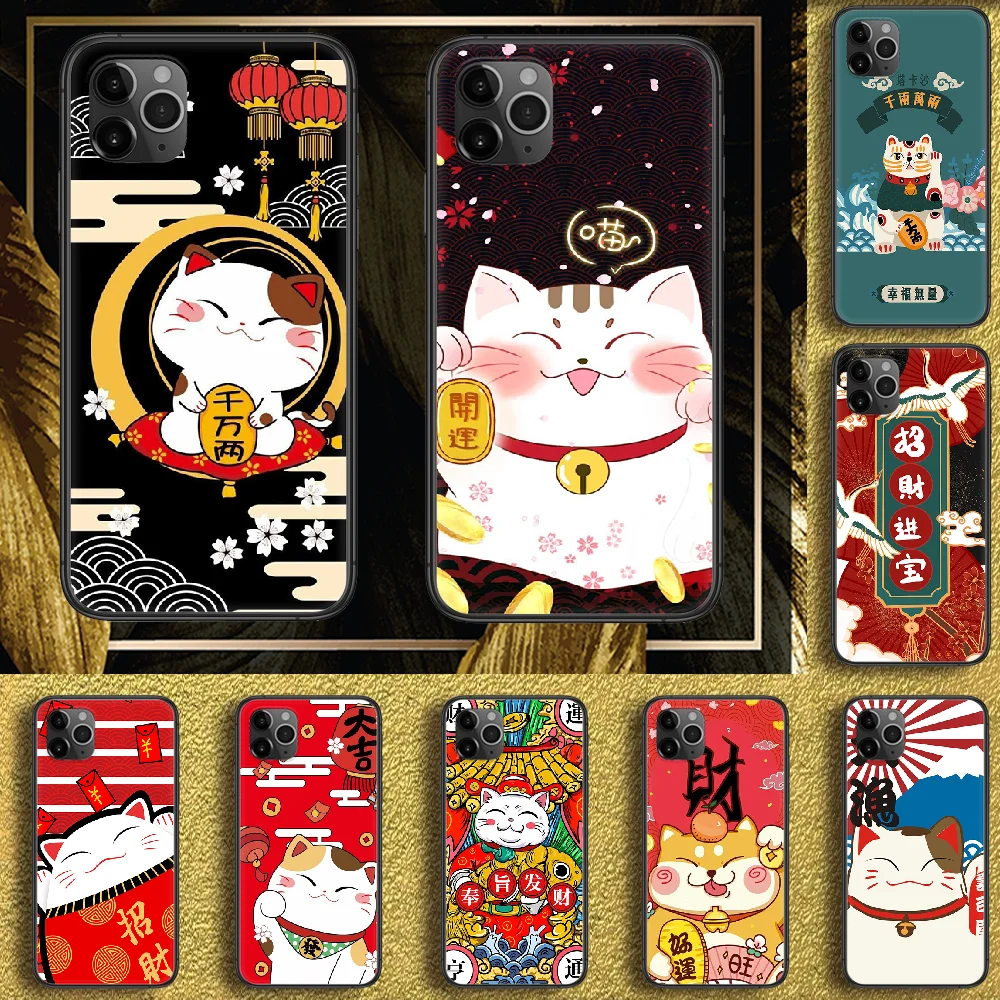 Чехол для телефона lucky cat iphone 5 5s se 2 6 6s 7 8 12 mini plus X XS XR 11 PRO MAX Черный силиконовый чехол