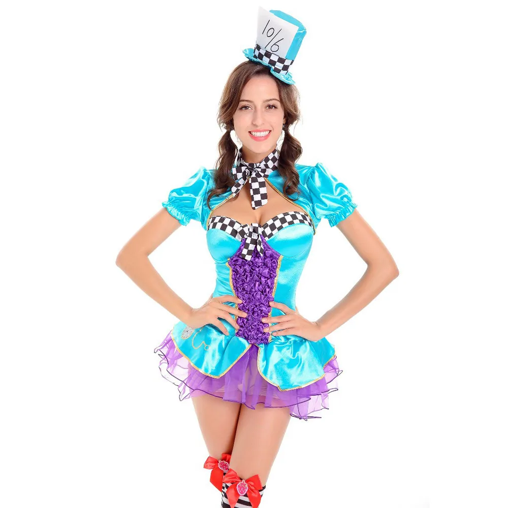 

Women Sexy Alice in Wonderland 2 Mad Hatter Costume Halloween Fantasias Party Cosplay Circus Magician Costume