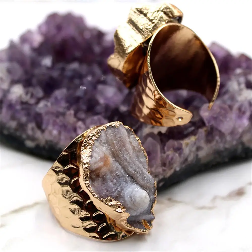 

Wholesale 6pc/lot Natural tooth ring solar agatess stone irregular phnom penh inlaid open adjustable ar golden ring free size