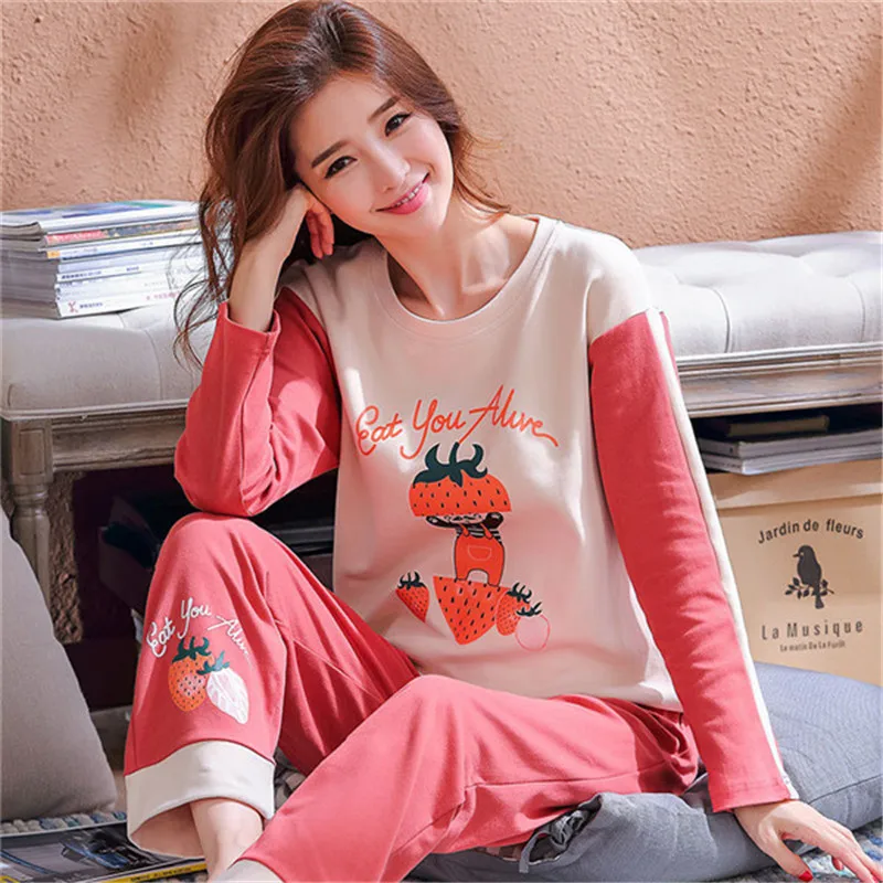 Кораллово-Красный Женские пижамные комплекты, хлопок, осень, круглый вырез, мультяшный Снупи, одежда для сна, ночная рубашка, Женская Повседневная Весенняя зимняя Пижама - Цвет: Кораллово-Красный