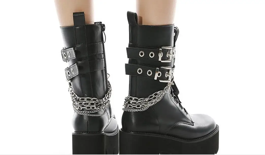 New Women's Boots Fashion Genuine Leather Ankle Boots Thick Heel High Heels Shoes Woman Female Metal chain Boots Spring Large
