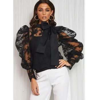 

Women's Puff Long Sleeve Sheer Mesh See Through Bandage Sexy Floral Tops Ladies Casual Loose Shirt
