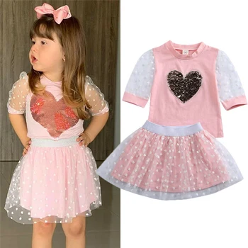 

1-5Y Fashion sequins Mesh T shirt Tulle Skirt Outfit Toddler Kid Girls Short Sleeve 2pcs Clothes Set Outfit Suit Set Summer