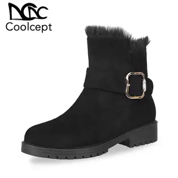 

CoolCept Winter Ankle Boots For Women Round Toe Low Heel Flock Buckle Zipper Fur Warm Boots Black Ladies Footwear Size 30-43