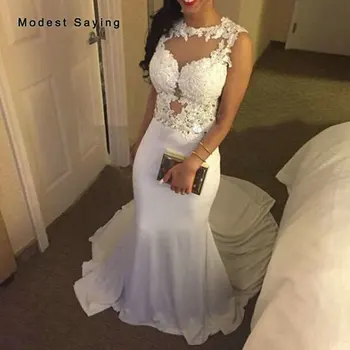 

Sexy See Through Ivory Mermaid Lace Wedding Dresses 2020 Zipper Up New Arrival Women Garden Chiffon Bridal Gowns robe de mariee