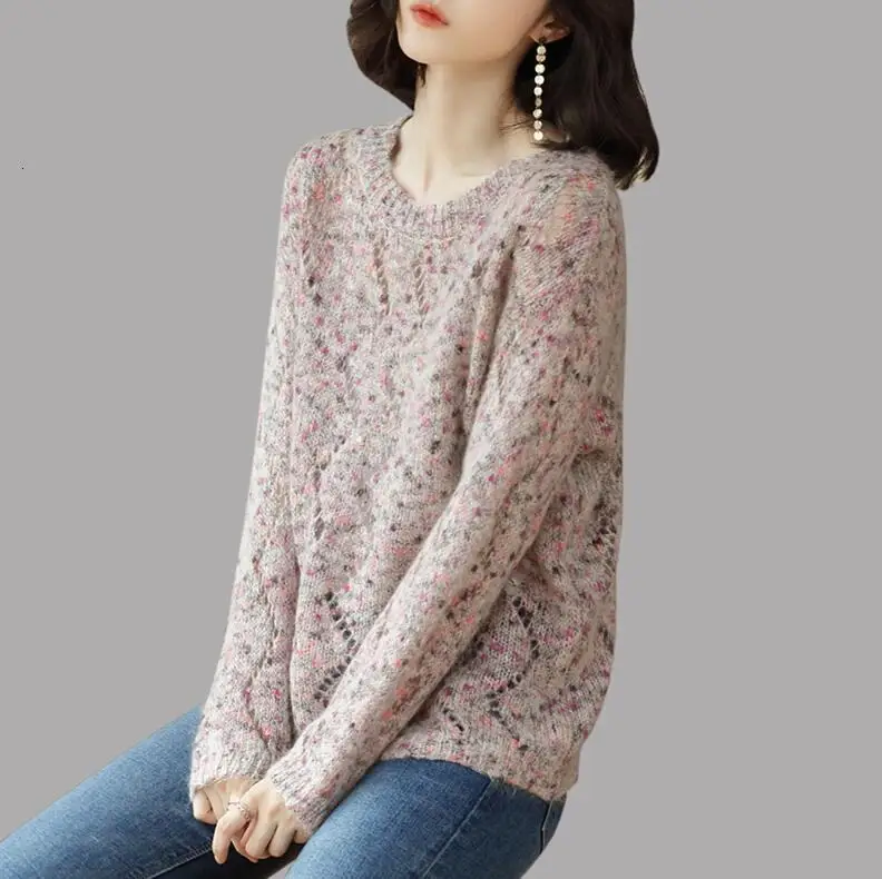 Loose fashion O-Neck Sweaters Women spring new Casual Long sleeve Knitted Pullovers winter Patchwork Keep warm Tops women - Цвет: 2