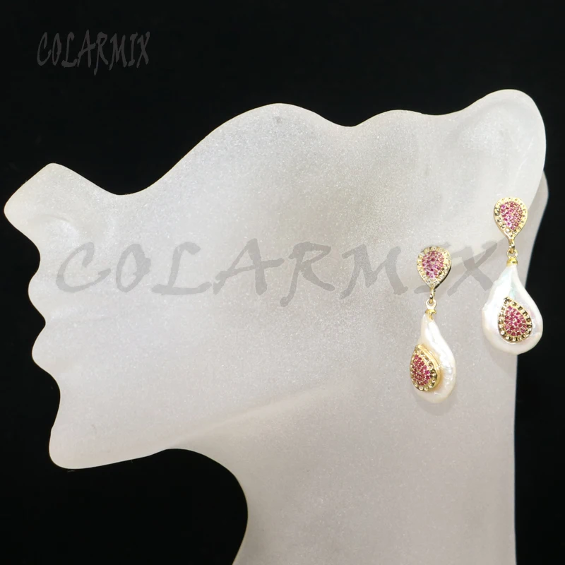 

Natural pearls pave zircon stone earrings Pave Mix color zircon earrings round pearls jewelry gift for lady 6146