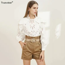Truevoker Женский комплект из двух предметов для отдыха, белый хлопковый топ с длинными рукавами и вышивкой+ шорты цвета хаки, комплект одежды для отдыха