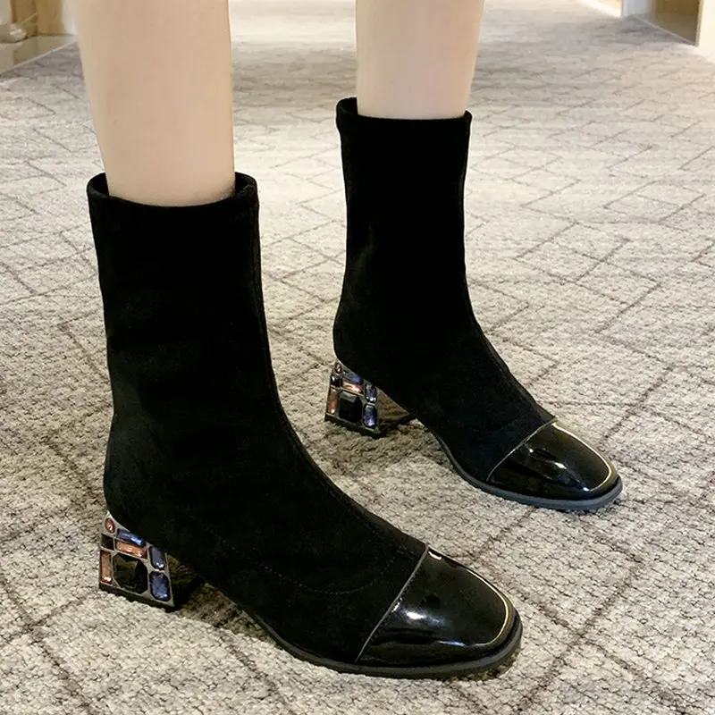 

Plus Size 35-50 Nice New Vintage Women Mid Calf Boots Spring Autumn Diamond Heel Shoes Woman Sexy Ladies High Heels Casual Boot