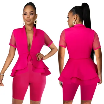 

Women Fashion Two Piece Set Business Suit Sexy V Neck Mesh Short Sleeve Ruffle Top Shorts Summer Work Wear Outfits