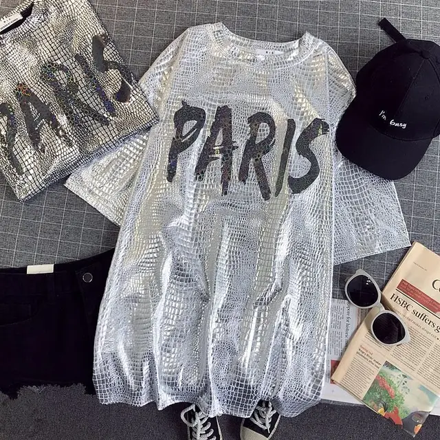 Summer Ladies shiny T-shirt Retro Street wear Loose Short Sleeve Oversize Top Women's Sexy Club Hip Hop Stylish Bright Tshirts silver-Paris