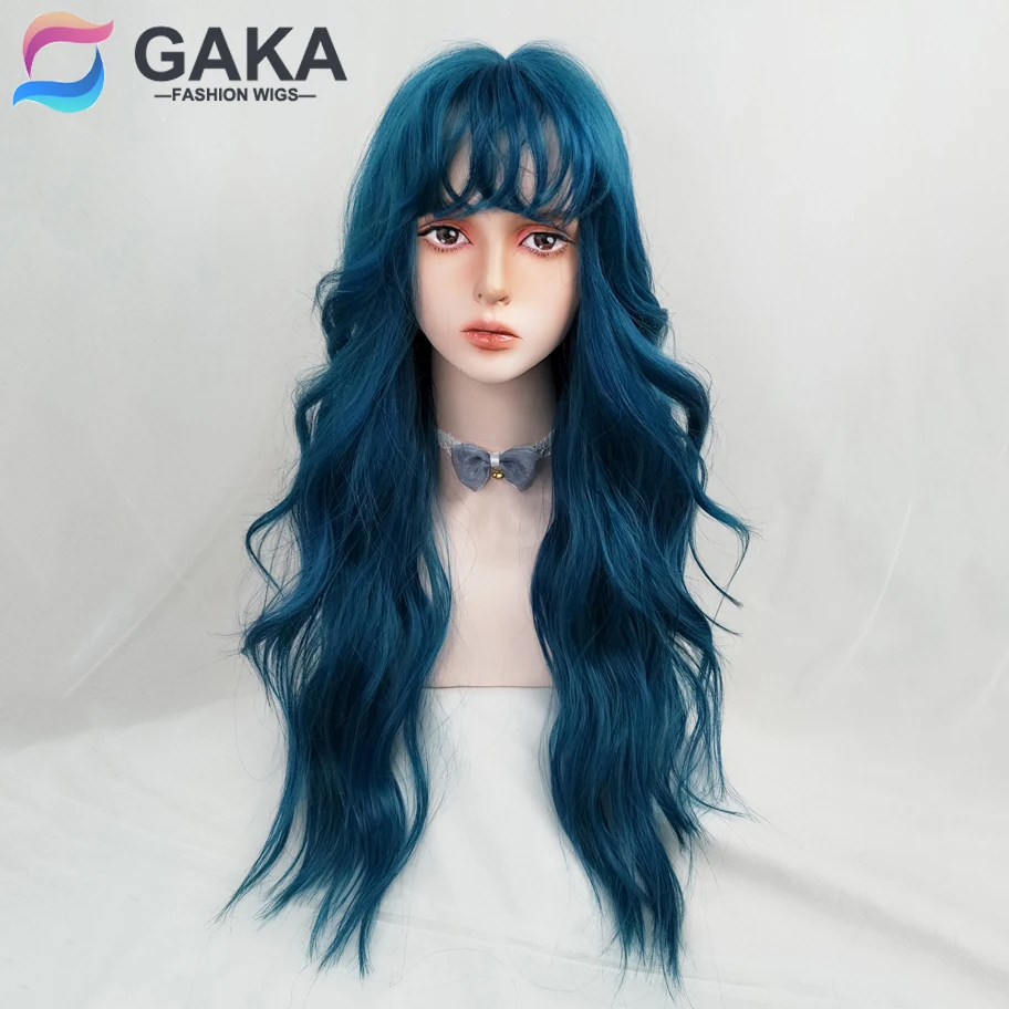 GAKA Women Long Wavy Synthetic Hair Blue Lolita Wig with Bangs Sweet and Lovely Fluffy High Temperature Blonde Silk
