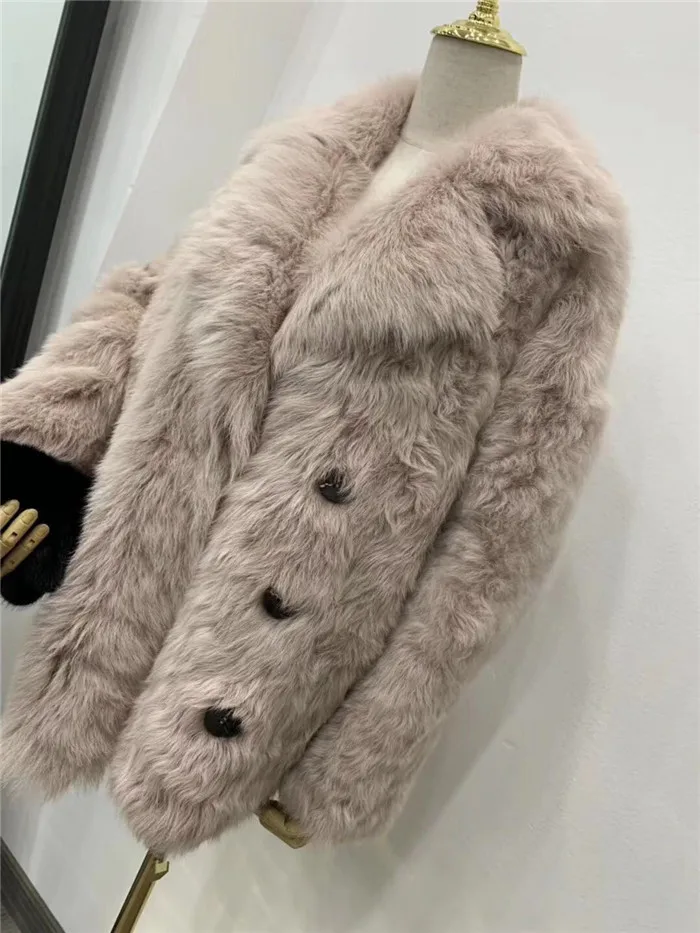 Зимнее женское пальто из натурального меха Тоскана шерстяная Двусторонняя Меховая куртка модная двубортная женская шуба из натурального меха с отворотом