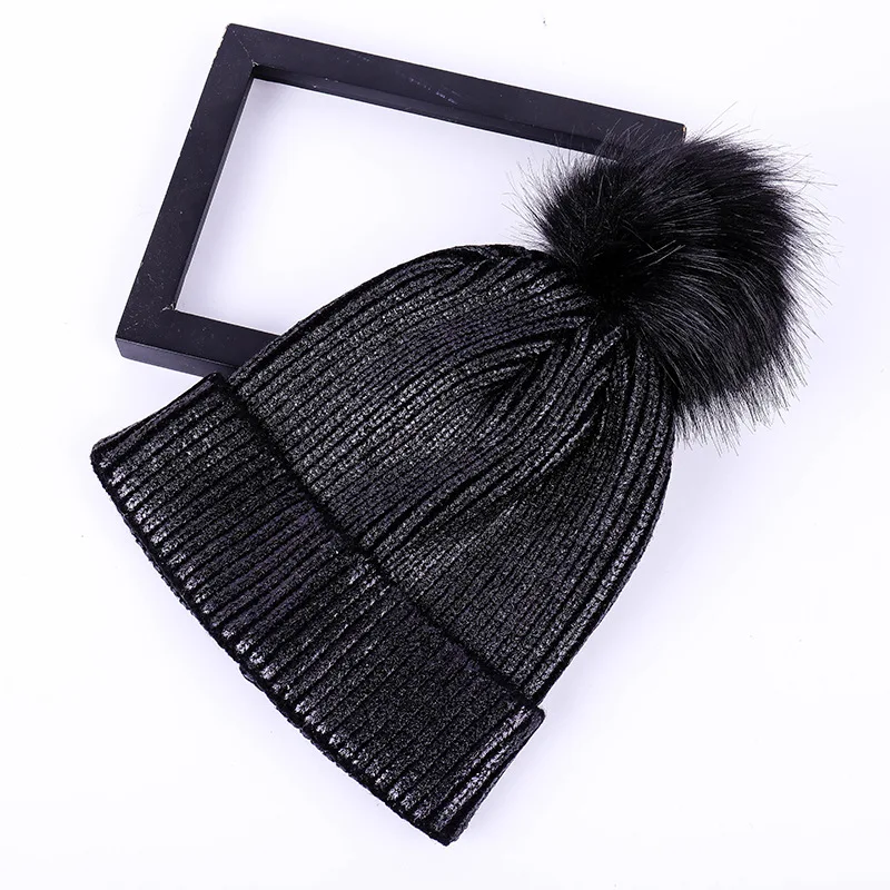 Зимняя теплая вязаная шапка из искусственного меха с помпоном для девочек - Цвет: Черный