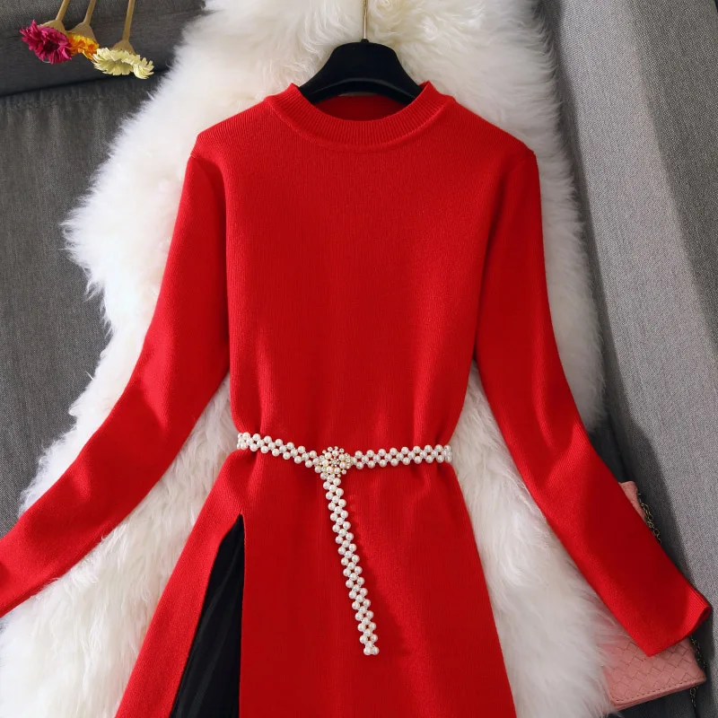 Amolapha, Женский вязаный свитер, платье+ юбка в сеточку, комплекты с длинным рукавом, Женские однотонные длинные Джемперы, юбка, костюм Vestidos