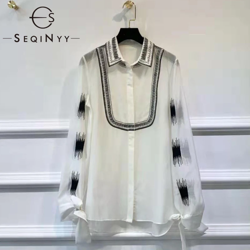 

SEQINYY Cotton Shirt 2020 Summer Spring New Fashion Design Vintage Embroidery Flowers Loose Blouse