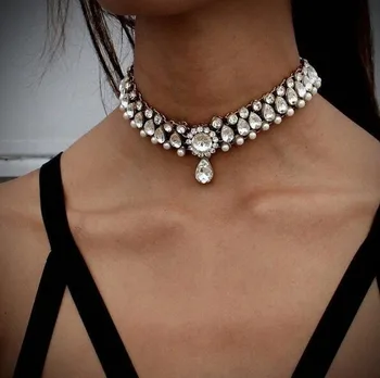 

Chain Crystal Water Drop Simulation Pearl Indian Necklace Vintage Exaggerated Rhinestone Choker Necklace Ladies