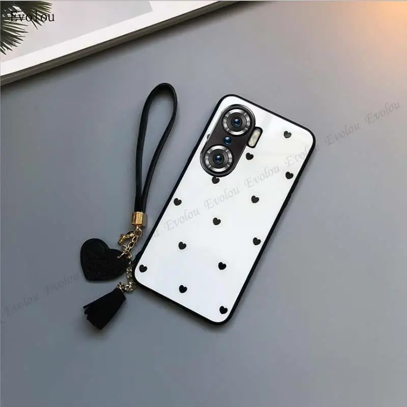 Huawei Honor Tassel Hand Strap Case - Love Heart Painted Tempered Glass Shockproof Cover
