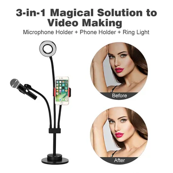 

3 in 1 Lazy Bracket Phone Stand & Microphone Holder Flexible Cellphone Clip with Touch dimmable LED Lightbeads Selfie Ring Light