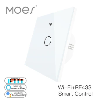 

WiFi Smart Glass Panel Switch Tuya App Remote Control Work With Alexa Echo Google Home RF433 EU Type White Touch 1Gang