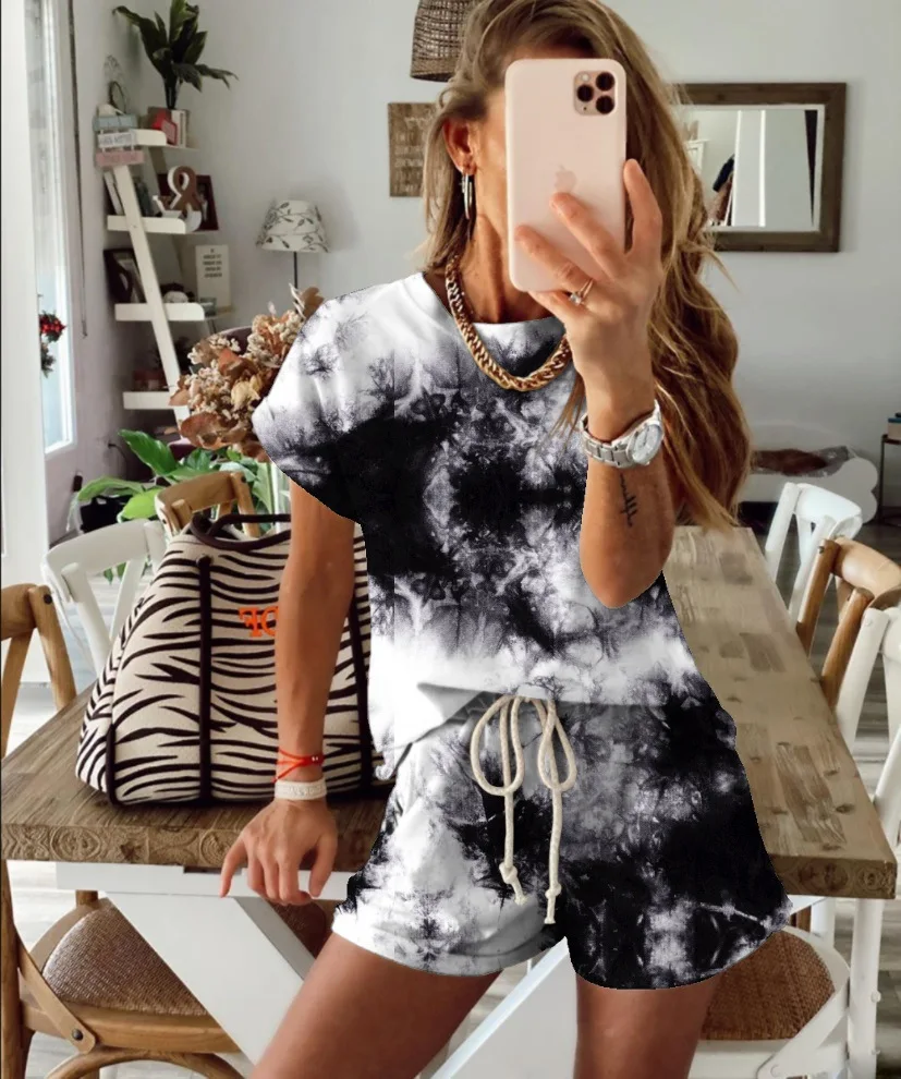 Women Casual T shirts Sets Summer Tie Dye Print Short Sleeve Top Shorts Suit Streetwear Female Two Piece Set Tracksuits Outfits white co ord set