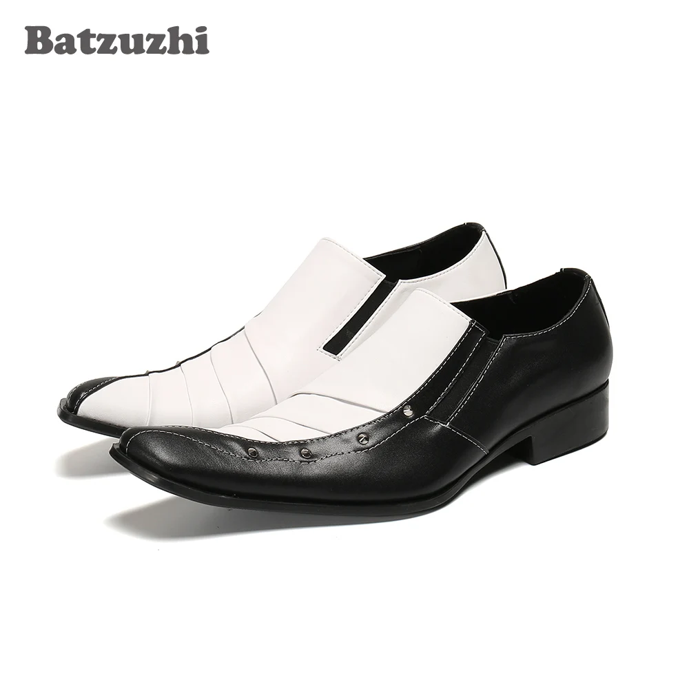 

Batzuzhi Personality Men's Genuine Leather Shoes Mixed Color Black White Business and Party Dress Shoes Men Slip on Chaussures!