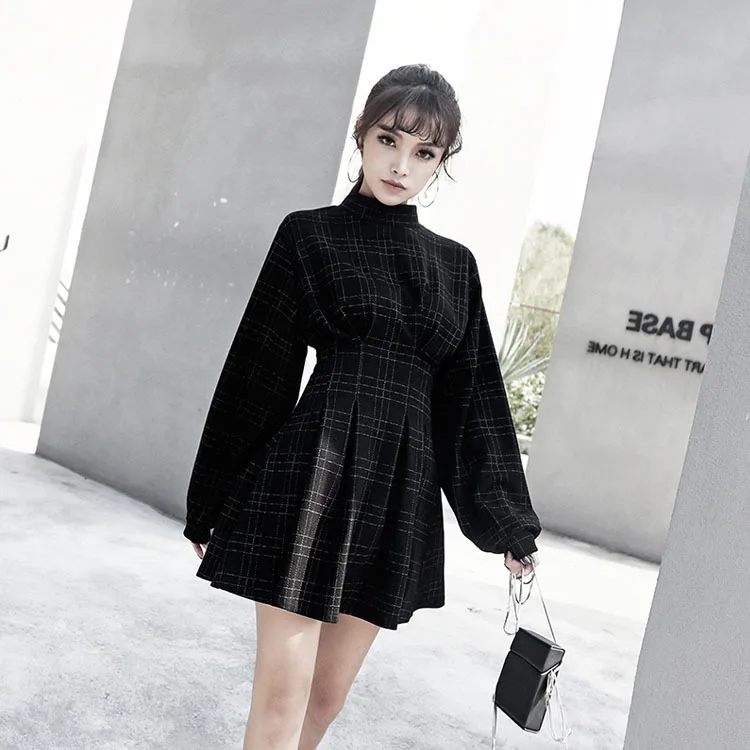 

2019 Autum Women Vintage Mini Dress Long Sleeve Plaid A-lined Punk Style Gothic Dresses for Goth Girls Female Retro High Waist
