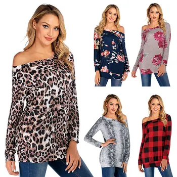 

2019 Autumn and Winter New Print Long-sleeved Shoulder T-shirt Leopard Snake Pattern Lattice Shoulder Tops Women Chemise Femme
