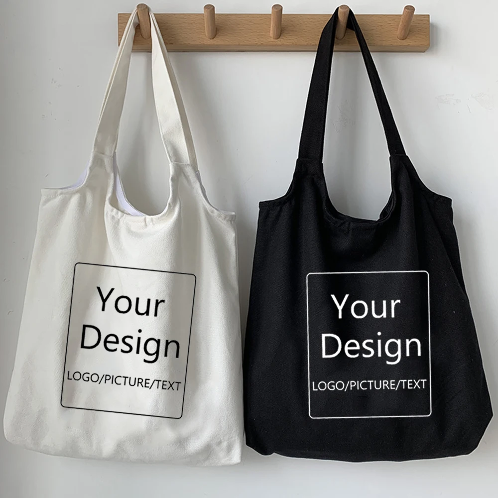 Tote-Bag Canvas-Bags Shopping-Your-Text Custom Black Print-Picture Logo-Design Travel