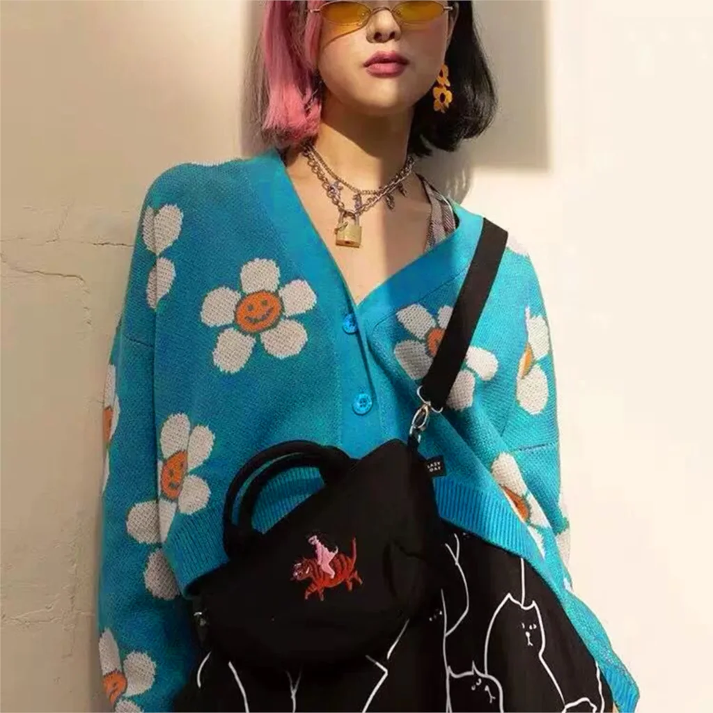 

Smiley Face Floral Pattern Printed Blue Cardigan Autumn Winter Women V Neck Long Sleeve Button Short Sweater 2019 Vintage Tops