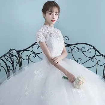 

Ball Gown Wedding Dresses Appliques Short Sleeve High Neck Lace Up Beaded Bride Gowns Elegant Wedding Dresses Robes De Mariee