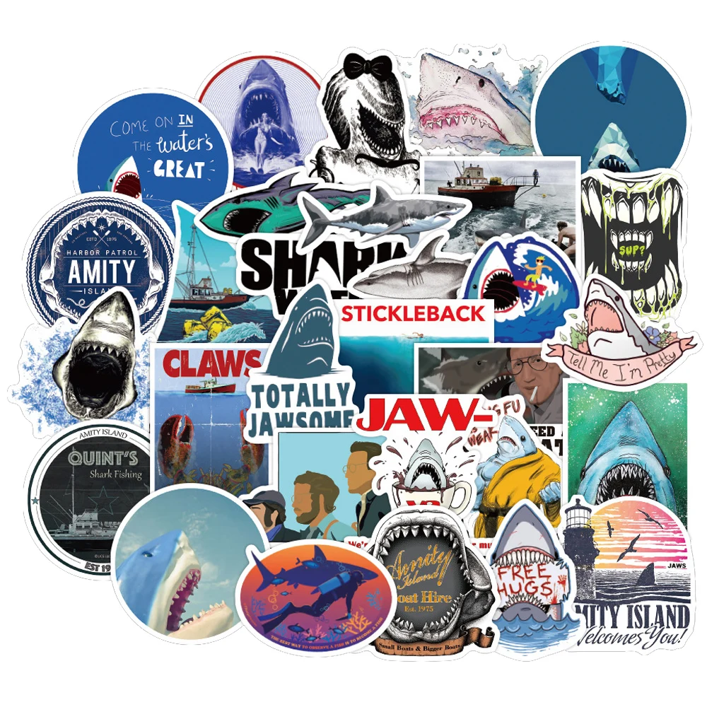 

50PCS Movie JAWS Sticker PVC Ocean Animal Great White Shark Decal Stickers to DIY Motorcycle Helmet Laptop Bike Suitcase Guitar