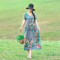 2019 летнее Новое Стильное платье в этническом стиле с вышитым корсажем, свободное платье больших размеров с коротким рукавом, хлопковое