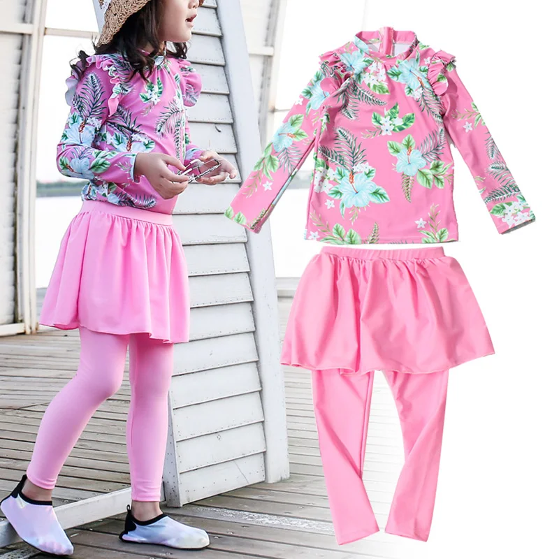 HOT Cute Flower Printed Swimsuit Set Children Swimming Long Sleeve Tops and Pants Anti-UV Baby Girls HV99 | Спорт и развлечения