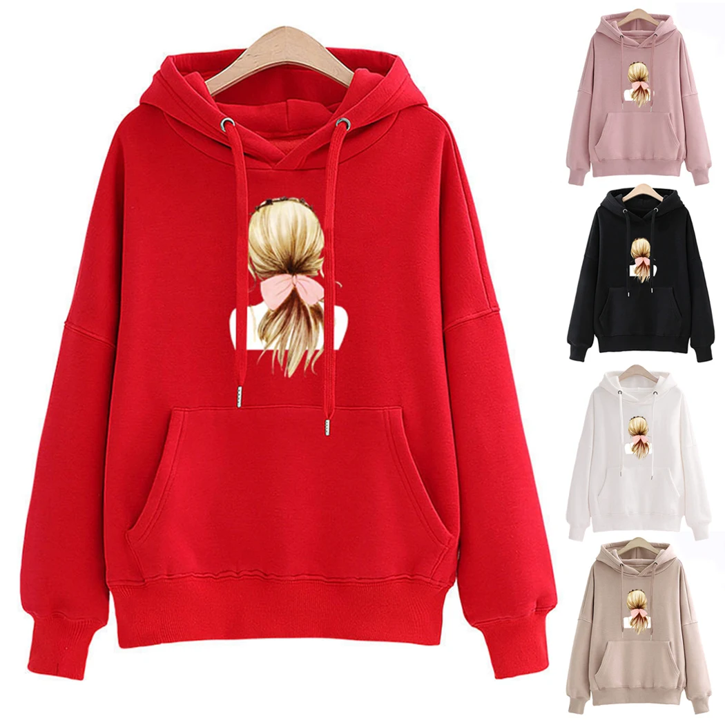 

Cute Hoodies Women Korea Sweet Printed Streetwear Coats Round Neck Long Sleeve Hooded Sweatshirts Female Plush Sweatshirt