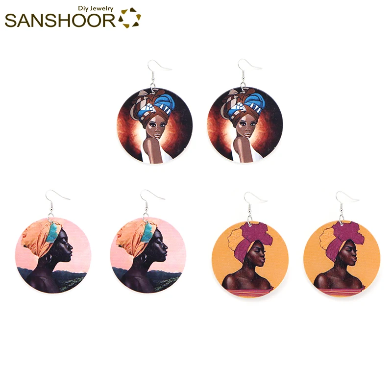 

SANSHOOR 2019 Mixed Designs Bohemia Ethnic Headwrap African Black Woman Wooden Drop Earrings 6Pairs