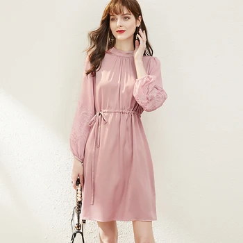 

Women Sweet Pink Natural Silk Dresses Elegant Stand Collar Embroidery Chiffon Long Sleeve Patchwork Real Silk Lady A-line Dress
