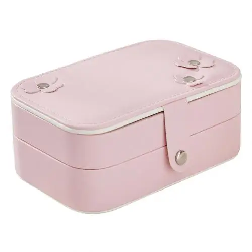 Корейские женские кожаные двухслойные косметические серьги пластина Ювелирная коробка держатель ожерелье кольцо переносной дорожное зеркало сумка для хранения - Цвет: Розовый