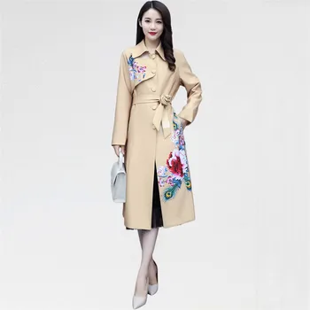

Early Autumn Trench Coat Women Khaki Pink Print Plus Size Long Sleeve Windbreaker 2019 New Chinese Vintage Belt Slim Coat CX1070
