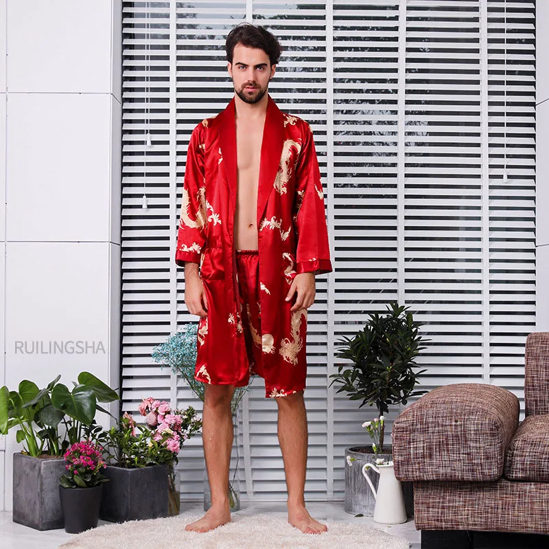 Black Two-piece Robe Suit Male Silk Dragon Dressing Gown Extra large 5XL Robe With Dragons Mens Satin Bathrobe Silk Kimono Men red pajama pants