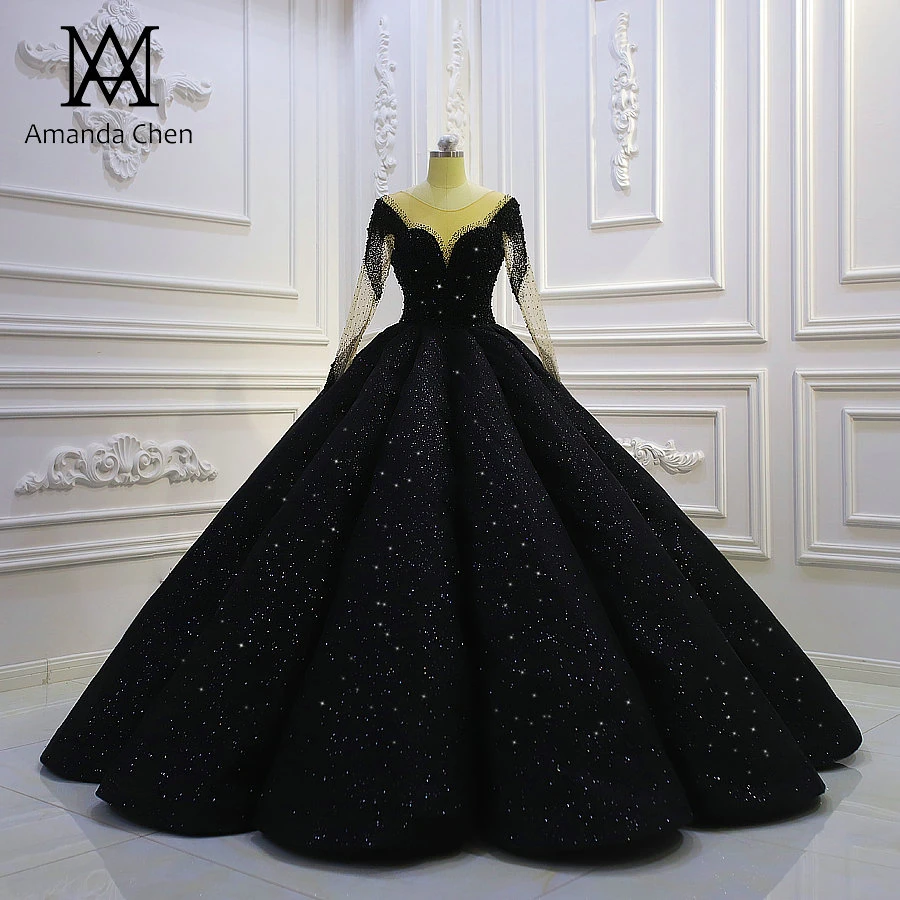 Vestido de boda negro brillante de larga, diseño de novia| -