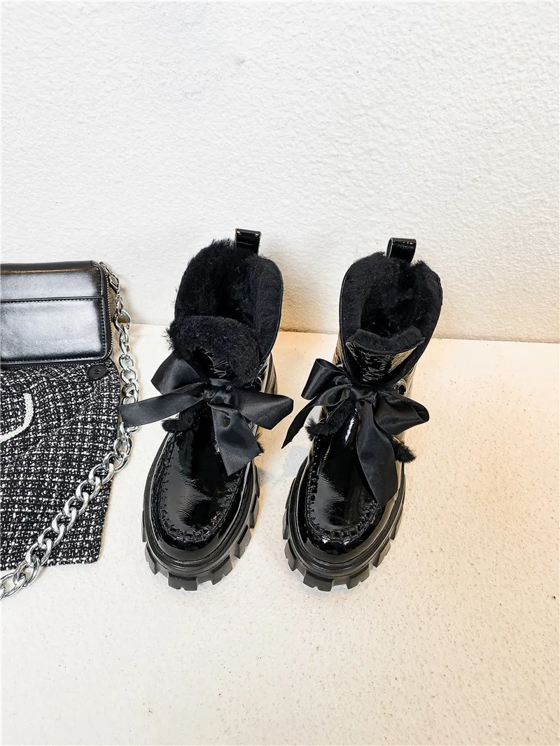 FEDONAS/черные теплые женские ботильоны из лакированной коровьей кожи; короткие ботинки на шнуровке; повседневная обувь для вечеринок; женская зимняя обувь на массивном каблуке