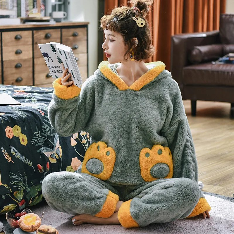 

New Cartoon Cute Winter Warm Women Pajama Set Thick Warm Home Wear Suit Female Sleepwear Pyjamas Sets