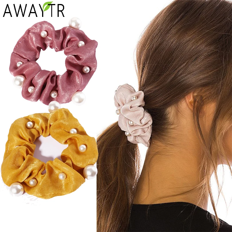 AWAYTR Pearl Satin Scrunchies For Girls Solid Elastic Hair Bands Women Large Intestine Ties Ropes Accessories |