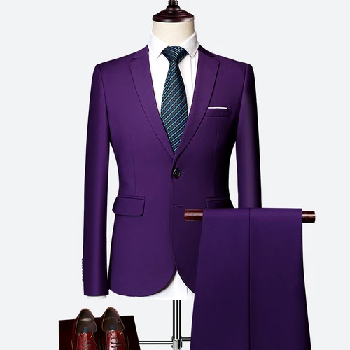 purple Jacket+ Pant New Men Business Slim Suits Sets Solid Color Wedding Office Dress Two-piece Suit Blazers Coat Trousers Waistcoat - Color: purple