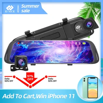 

E-ACE 2K Car Dvr Mirror Camera Video Recorder 10 Inch Touch Stream Media Dash cam Dual Lens DVRs With 1080P Rear view Camera