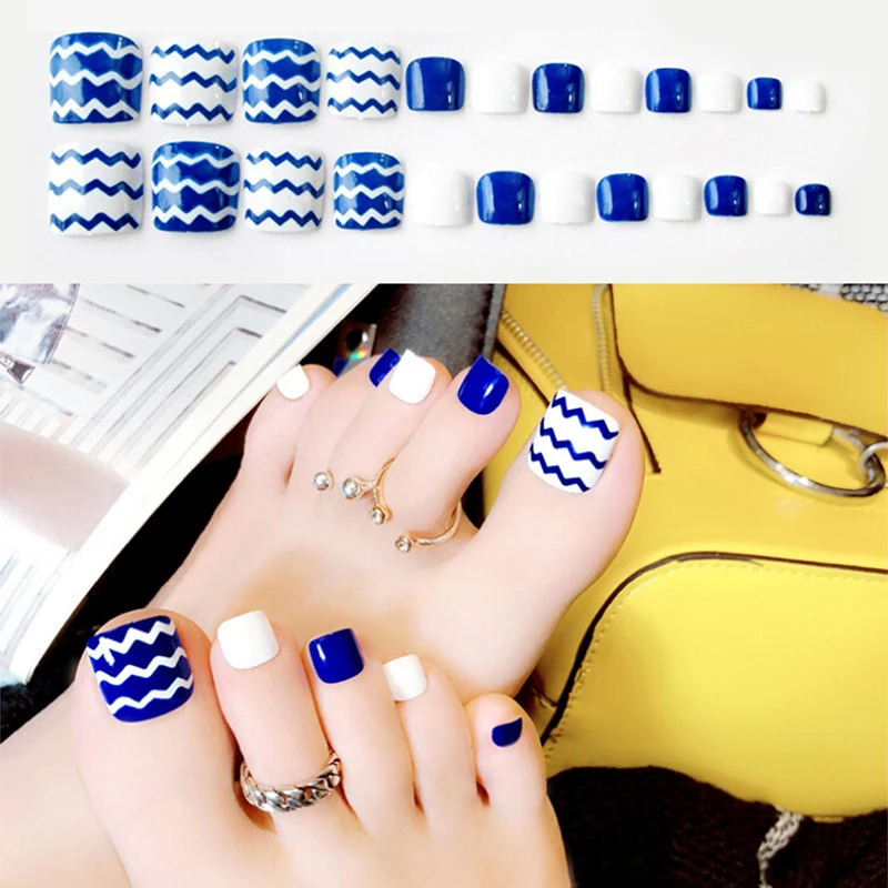 

False Nails With Glue White Blue Ocean Toe Fake Nails 24Pcs/set Full Cover Acrylic Feet Patch Blue Wave Summer Toe