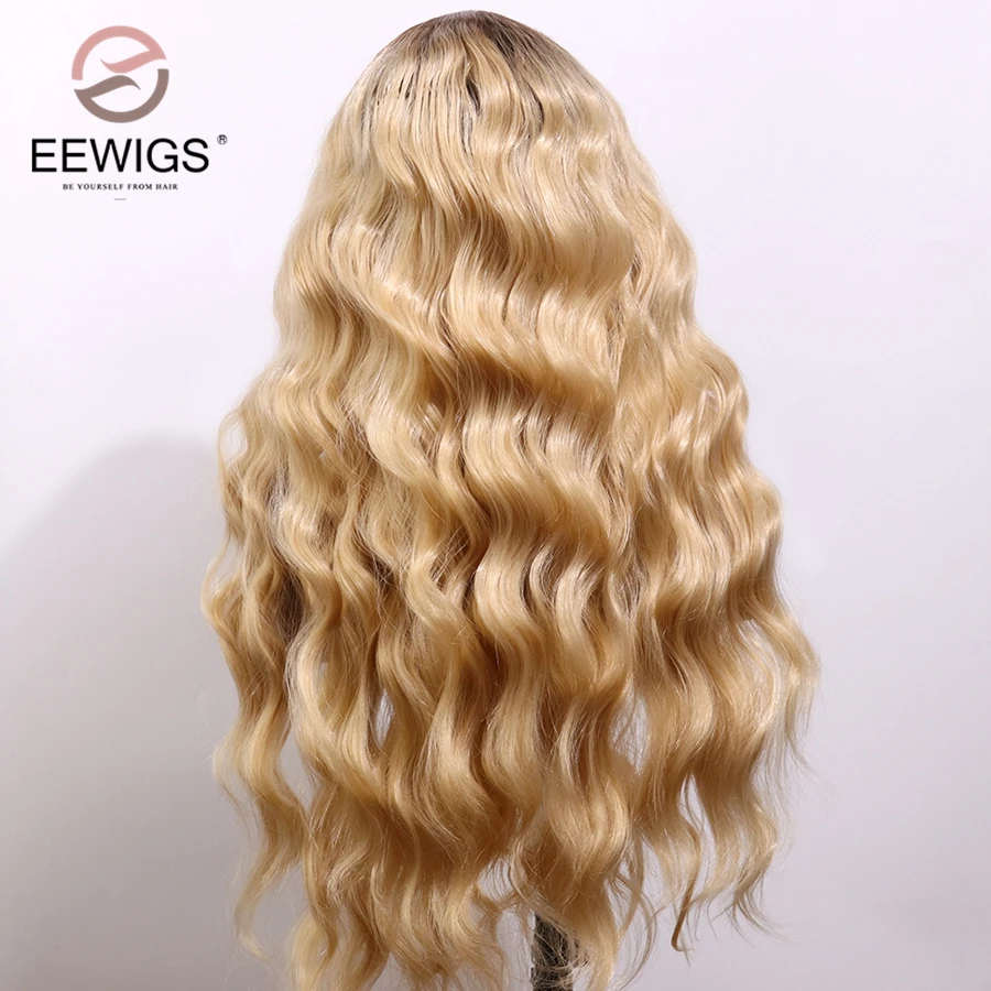 EEWIGS коричневый корни Омбре блонд парик на кружеве с естественными волосами Glueless длинные волнистые синтетические кружева спереди парик для черных женщин
