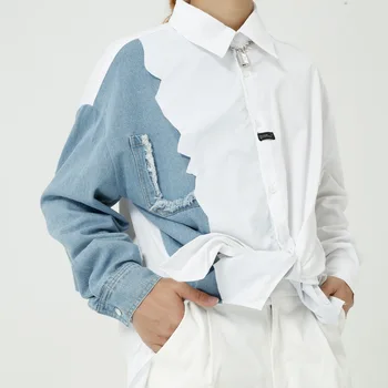 

Male Japan Korea Style Streetwear Hip Hop Retro Fashion Shirt Men Autumn New Denim Splice Long Sleeve Casual Loose Shirt